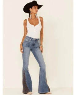 Shyanne Women's Mid Wash Crochet Embroidered Inset High Rise Flare Denim Jeans -Shyanne Apparel Shop 2000342607 420 P1