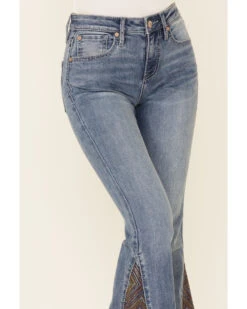 Shyanne Women's Mid Wash Crochet Embroidered Inset High Rise Flare Denim Jeans -Shyanne Apparel Shop 2000342607 420 P2