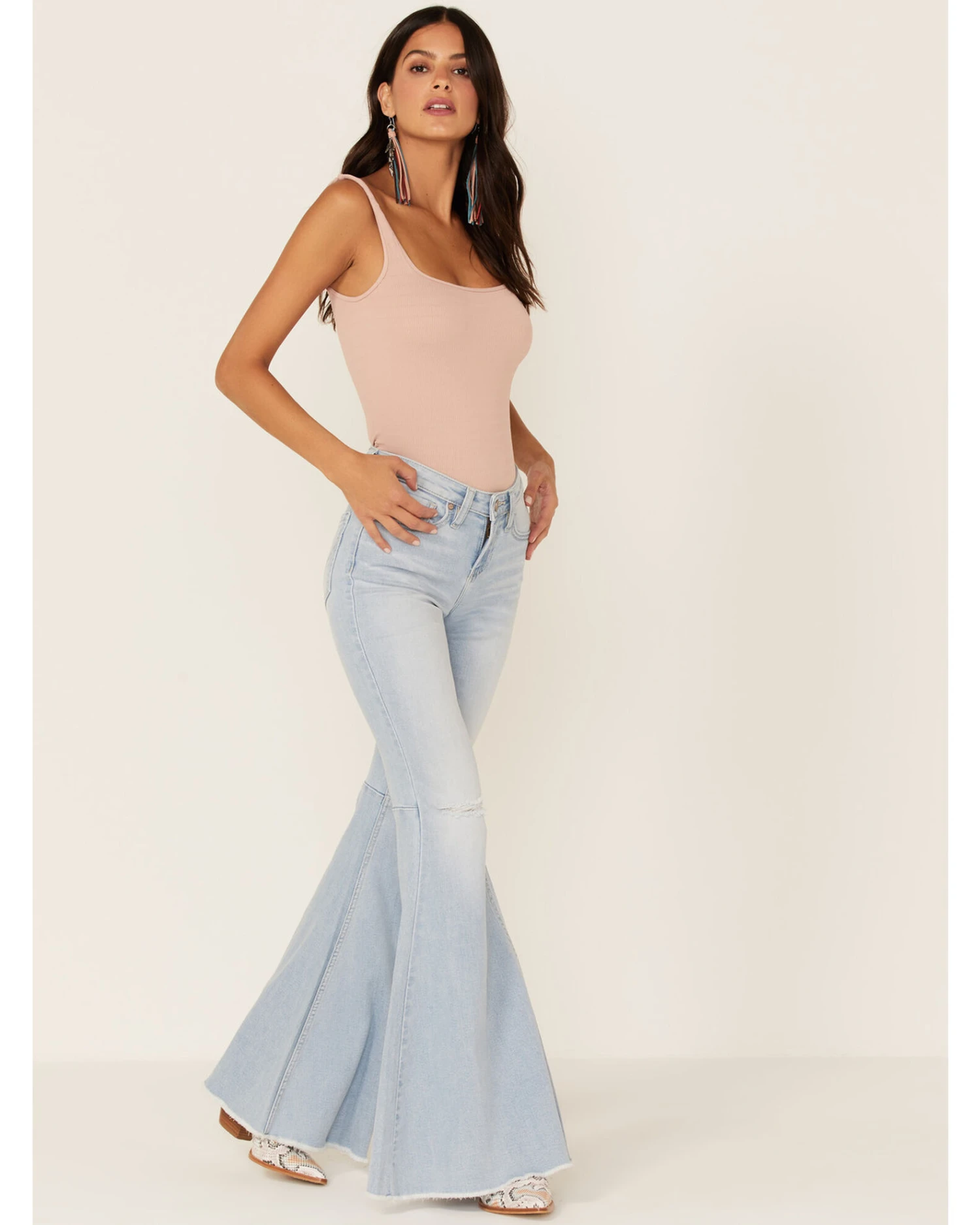 Shyanne Women's Destructed Knee Super Flare Leg Jeans 6 Shyanne Women's Destructed Knee Super Flare Leg Jeans - Image 4