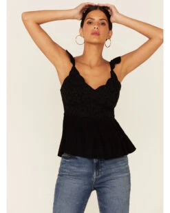 Shyanne Women's Black Embroidered Flutter Sleeve Tank Top