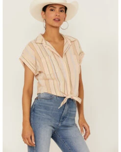 Shyanne Women's Multicolored Stripe Tie Front Camp Blouse