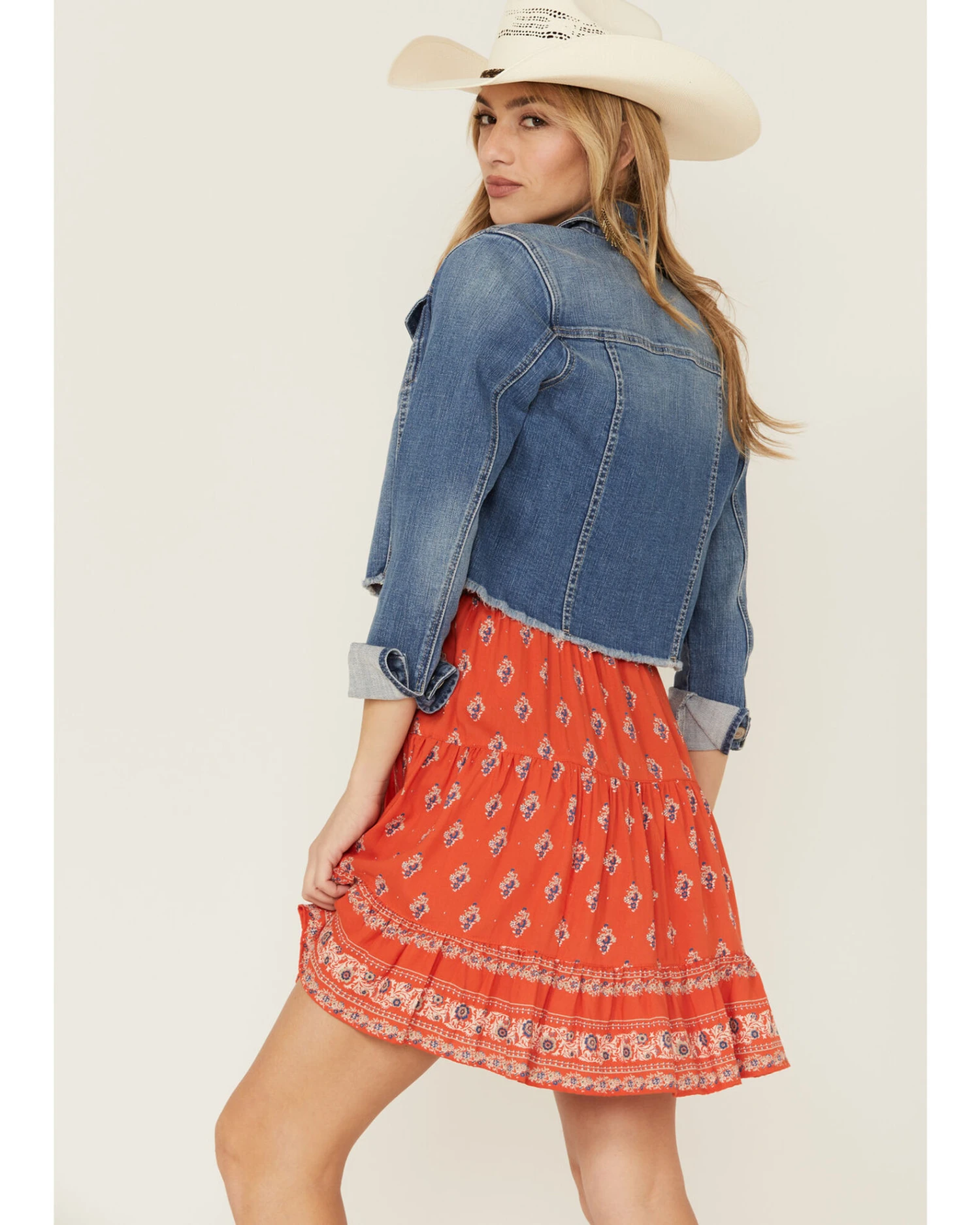 Shyanne Women's Light Denim Cropped Fray Jacket 6 Shyanne Women's Light Denim Cropped Fray Jacket - Image 4