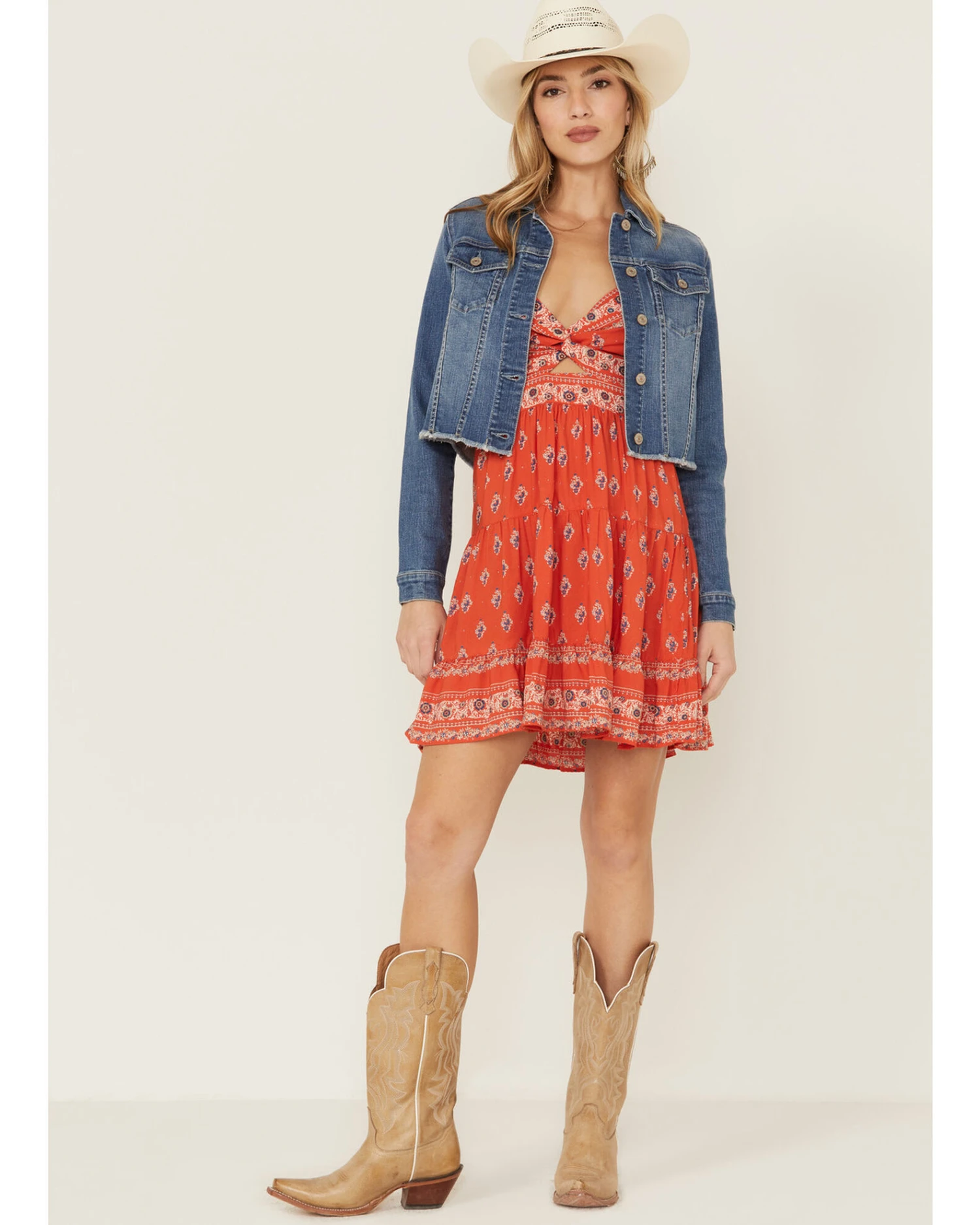 Shyanne Women's Light Denim Cropped Fray Jacket 4 Shyanne Women's Light Denim Cropped Fray Jacket - Image 2