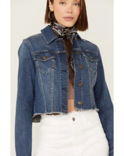 Shyanne Women's Medium Dark Wash Cropped Fray Denim Jacket