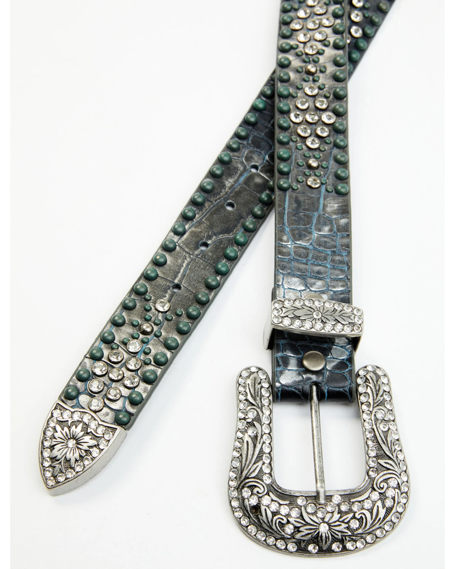 Shyanne Women's Silver Distressed Croc Turquoise & Rhinestone Bling Belt 4 Shyanne Women's Silver Distressed Croc Turquoise & Rhinestone Bling Belt - Image 2
