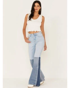 Shyanne Women's Two Tone Seamed Light Wash High Rise Flare Jeans 8 Shyanne Women's Two Tone Seamed Light Wash High Rise Flare Jeans -Shyanne Apparel Shop 2000373381 416 P1