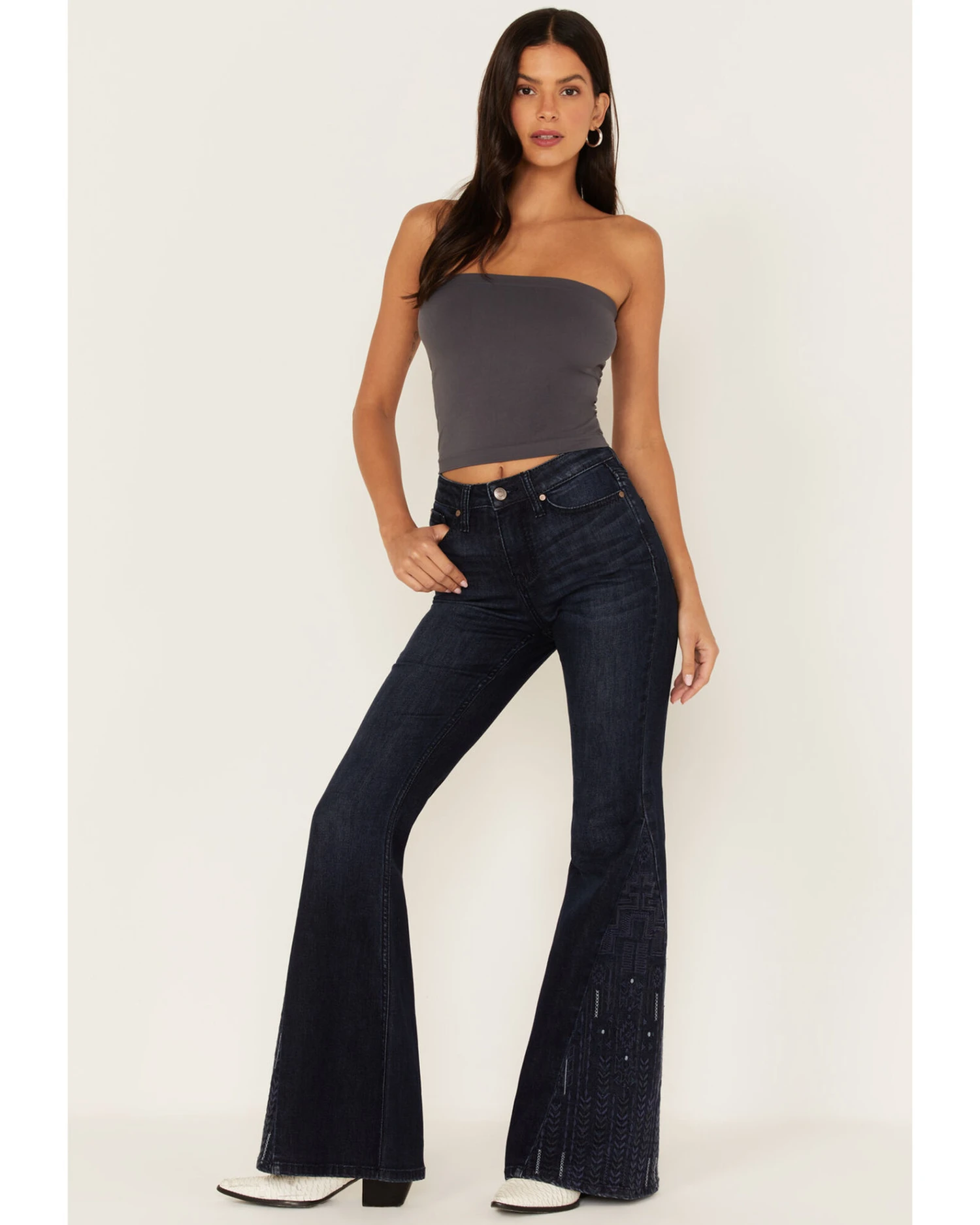 Shyanne Women's Embroidered Dark Wash High Rise Stretch Flare Jeans 4 Shyanne Women's Embroidered Dark Wash High Rise Stretch Flare Jeans - Image 2