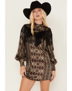 Shyanne Women's Long Sleeve Satin Fringe Mode Dress