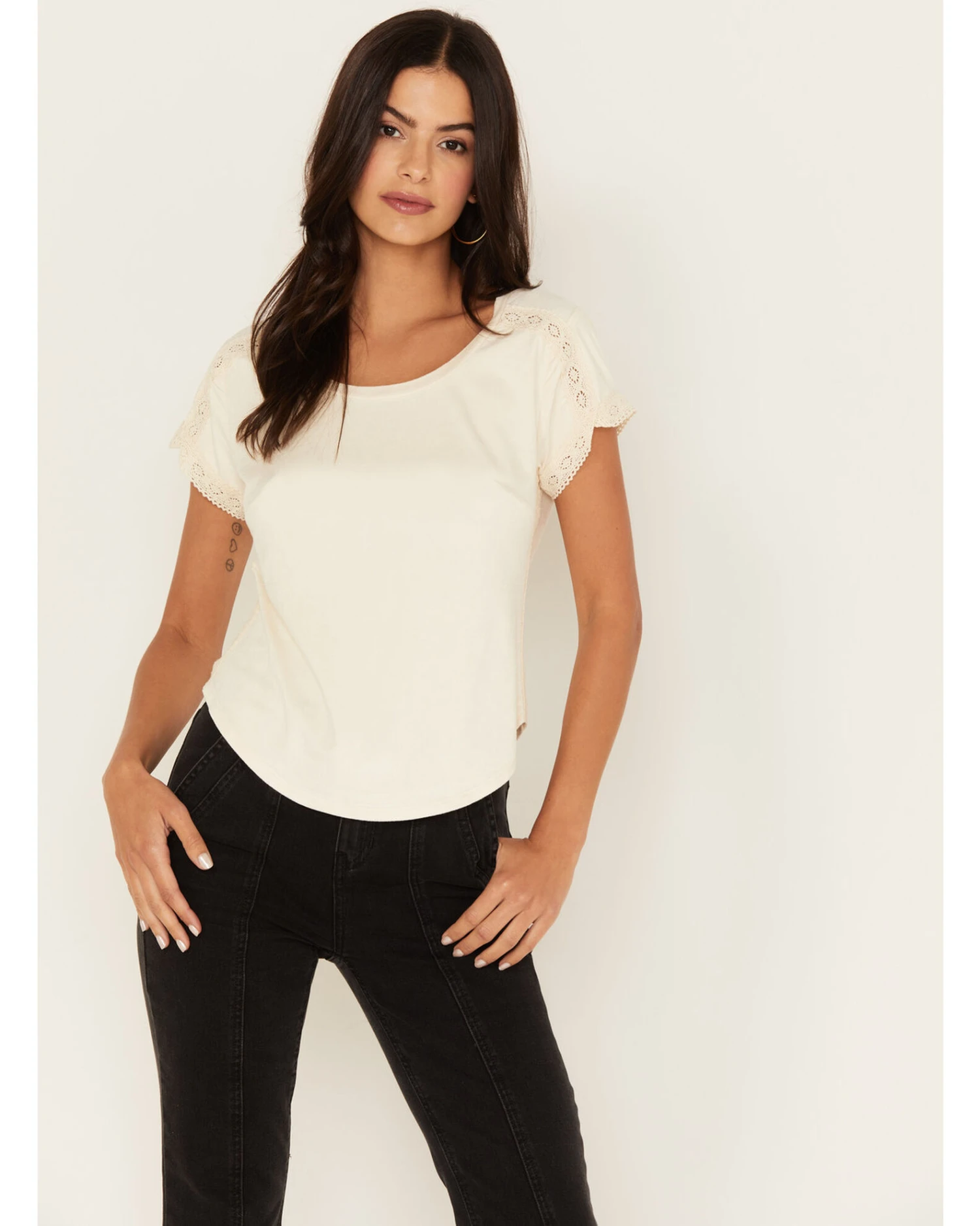 Shyanne Women's Crochet Trim Short Sleeve Faux Suede Tee 3 Shyanne Women's Crochet Trim Short Sleeve Faux Suede Tee