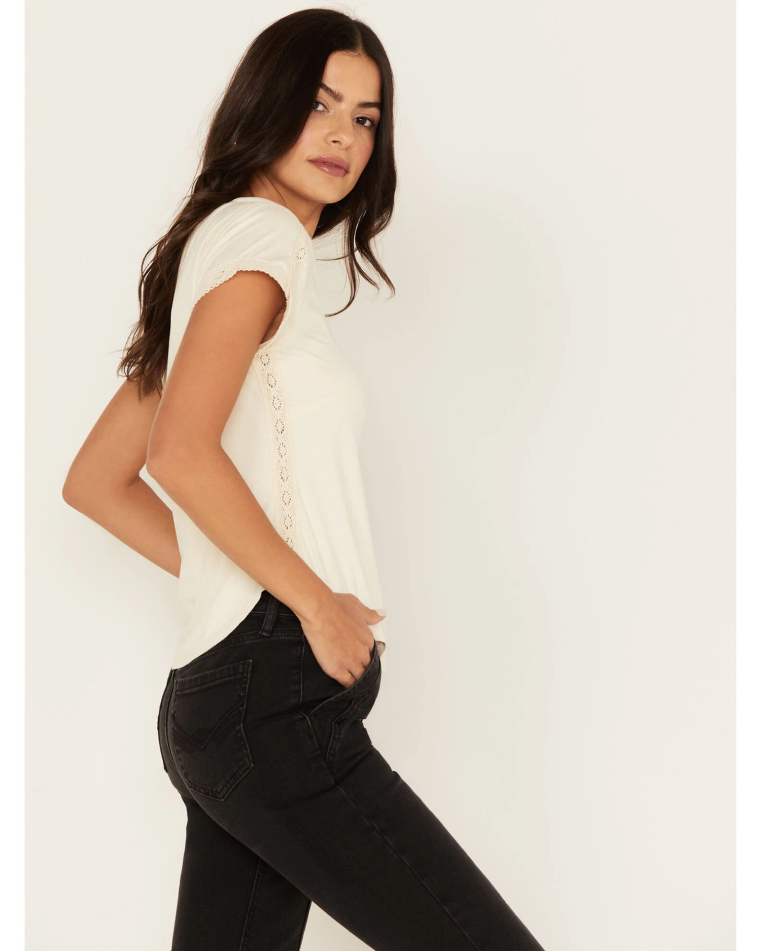 Shyanne Women's Crochet Trim Short Sleeve Faux Suede Tee 4 Shyanne Women's Crochet Trim Short Sleeve Faux Suede Tee - Image 2