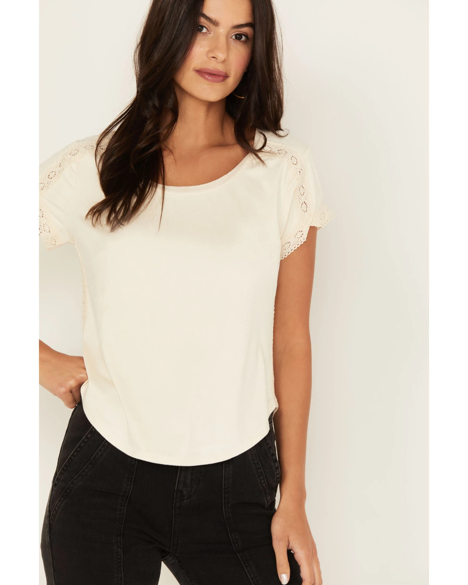 Shyanne Women's Crochet Trim Short Sleeve Faux Suede Tee 5 Shyanne Women's Crochet Trim Short Sleeve Faux Suede Tee - Image 3