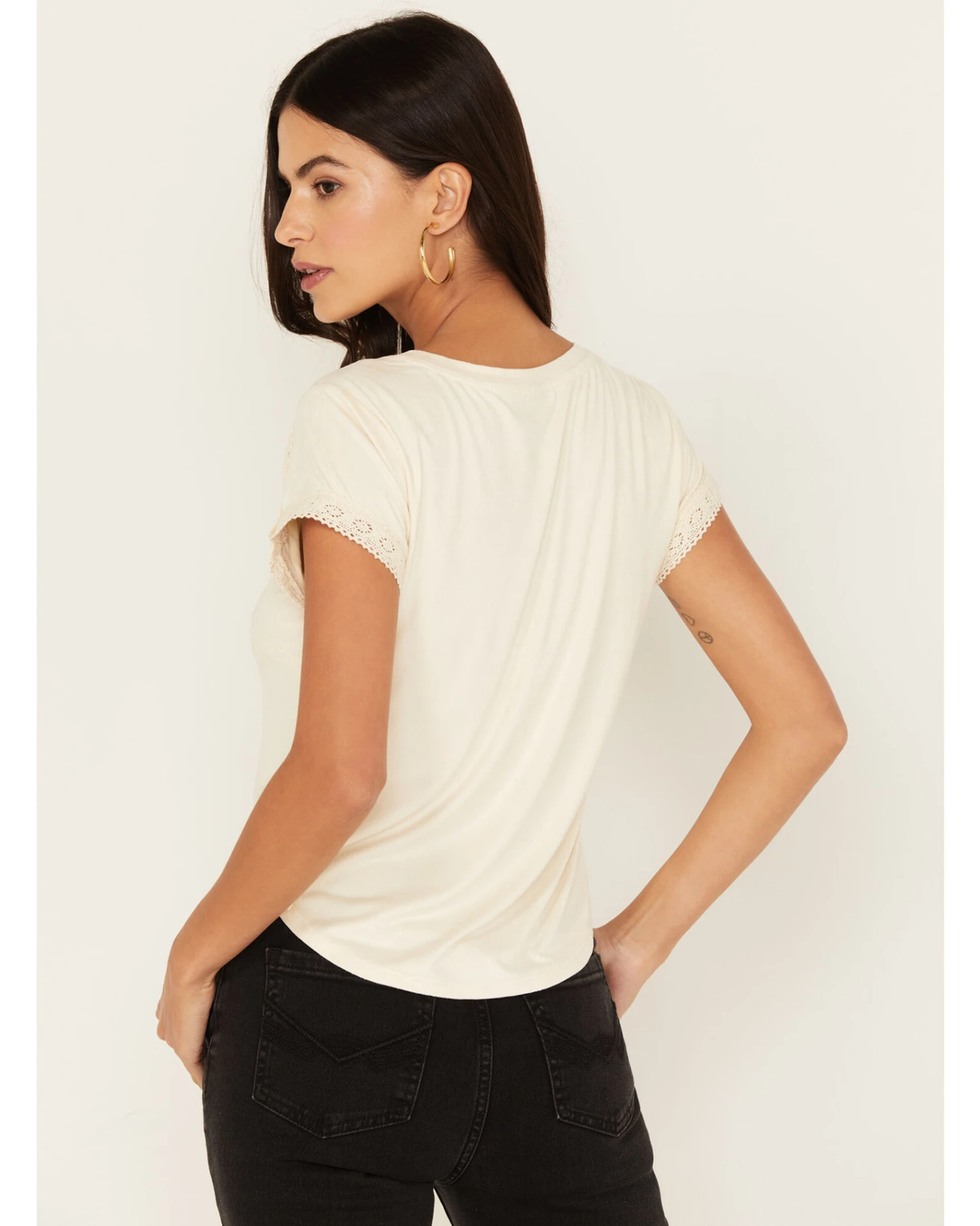 Shyanne Women's Crochet Trim Short Sleeve Faux Suede Tee 6 Shyanne Women's Crochet Trim Short Sleeve Faux Suede Tee - Image 4