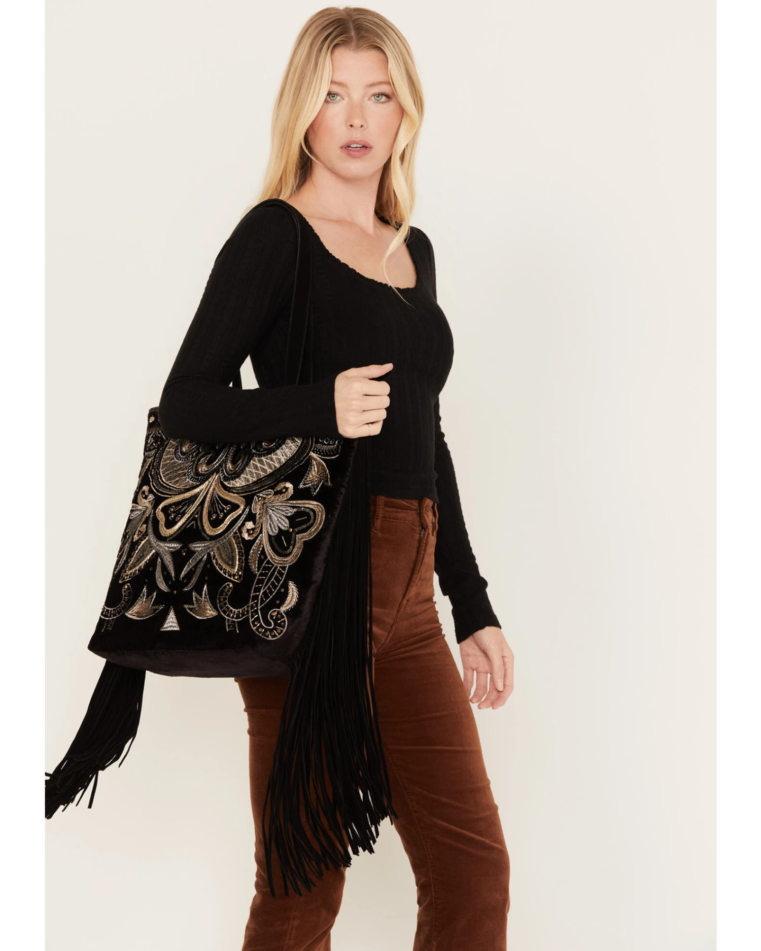 Shyanne Women's Velvet Embroidered Beaded & Fringe Tote Handbag 5 Shyanne Women's Velvet Embroidered Beaded & Fringe Tote Handbag - Image 3