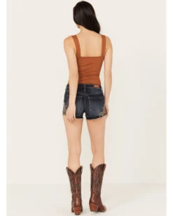 Shyanne Women's Dark Medium Wash Mid Rise Embroidered Stretch Denim Shorts 8 Shyanne Women's Dark Medium Wash Mid Rise Embroidered Stretch Denim Shorts -Shyanne Apparel Shop 2000382924 415 P3