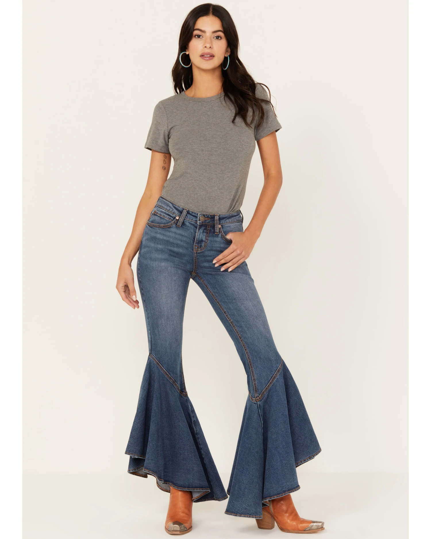 Shyanne Women's Medium Wash High Rise Ruffled Super Flare Stretch Jeans 3 Shyanne Women's Medium Wash High Rise Ruffled Super Flare Stretch Jeans